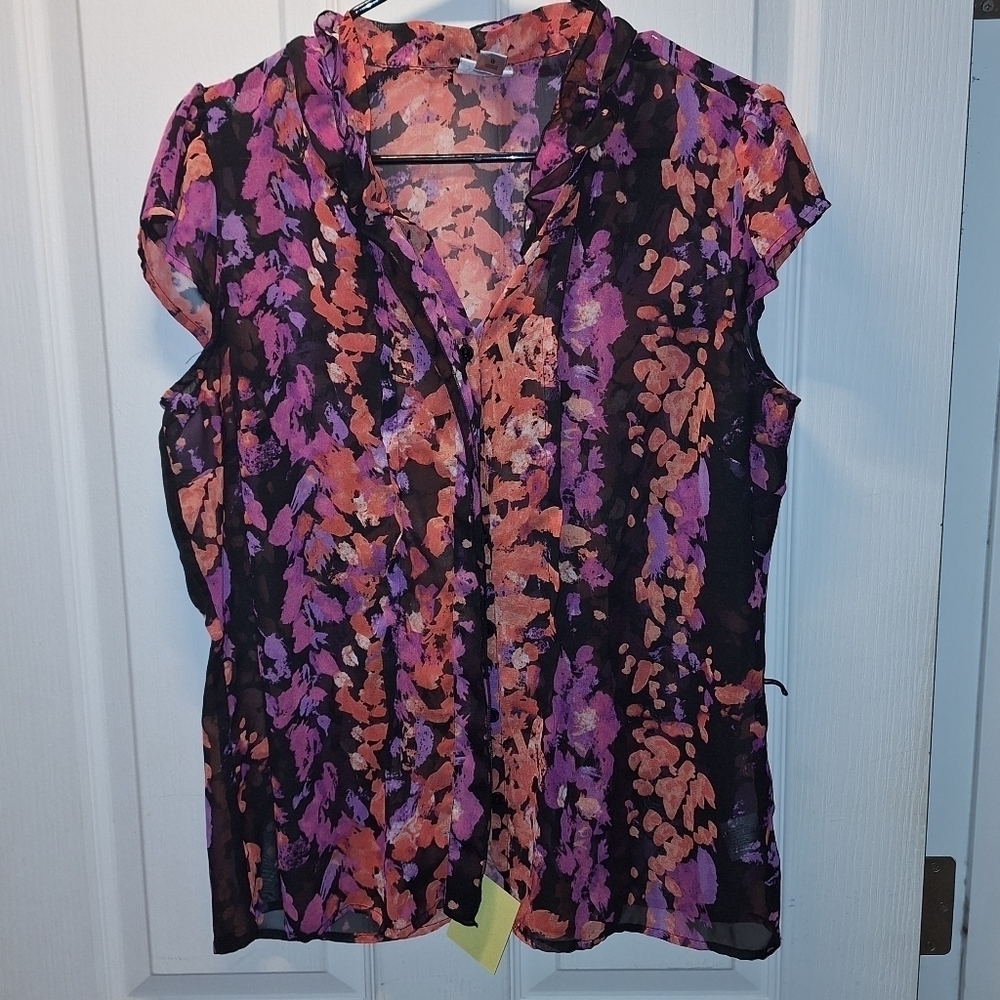 Worthington Purple Orange Floral Sheer Top Large